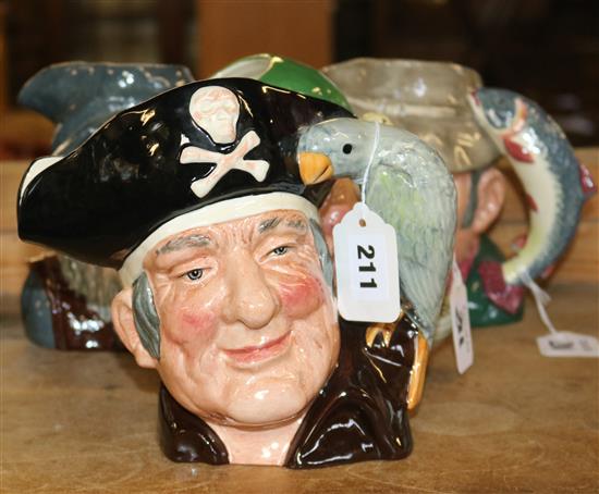 Four large Royal Doulton character jugs, Long John Silver, Rip Van Winkle, Leprechaun and The Poacher